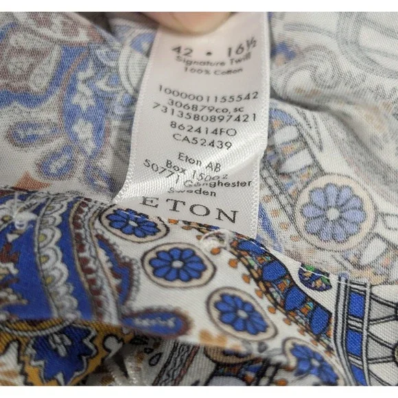 Eton Contemporary Fit Paisley Mosaic Dress Shirt Blue Orange 16.5 42 862414FO - Picture 5 of 9